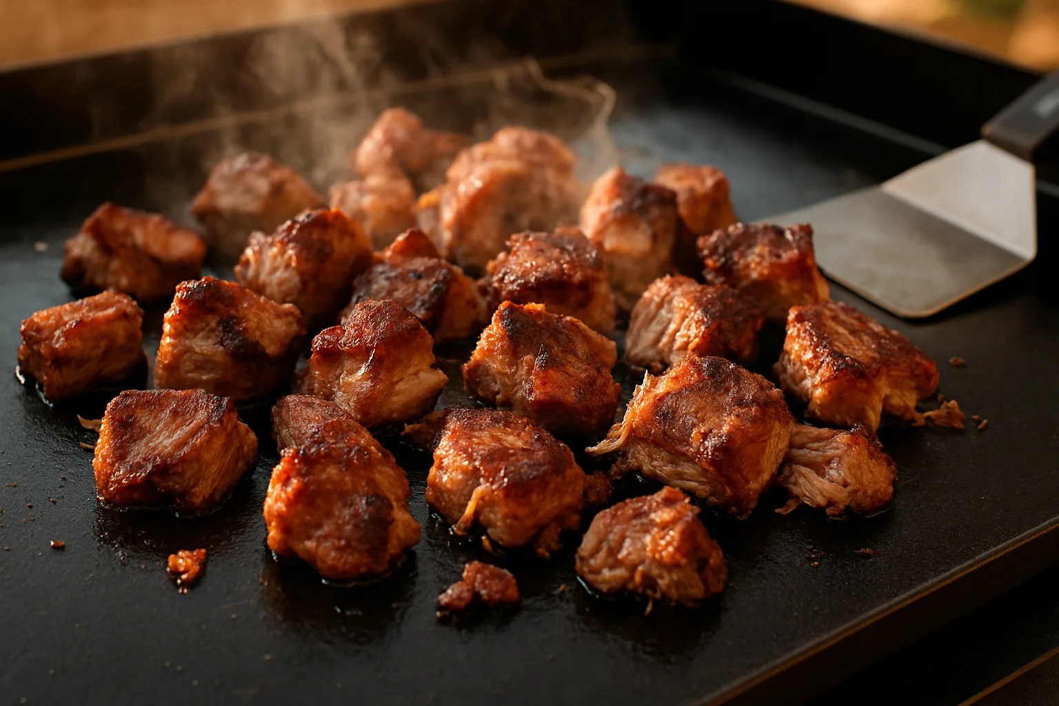 Carnitas chunks crisping on a hot Blackstone griddle, browned crackly edges