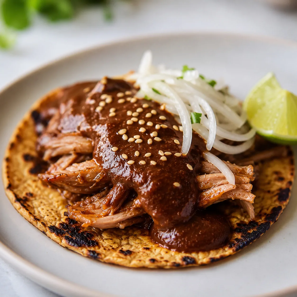 A carnitas taco on a charred corn tortilla under a blanket of pitiona mole, finished with toasted sesame, slivered white onion, cilantro, and a wedge of lime