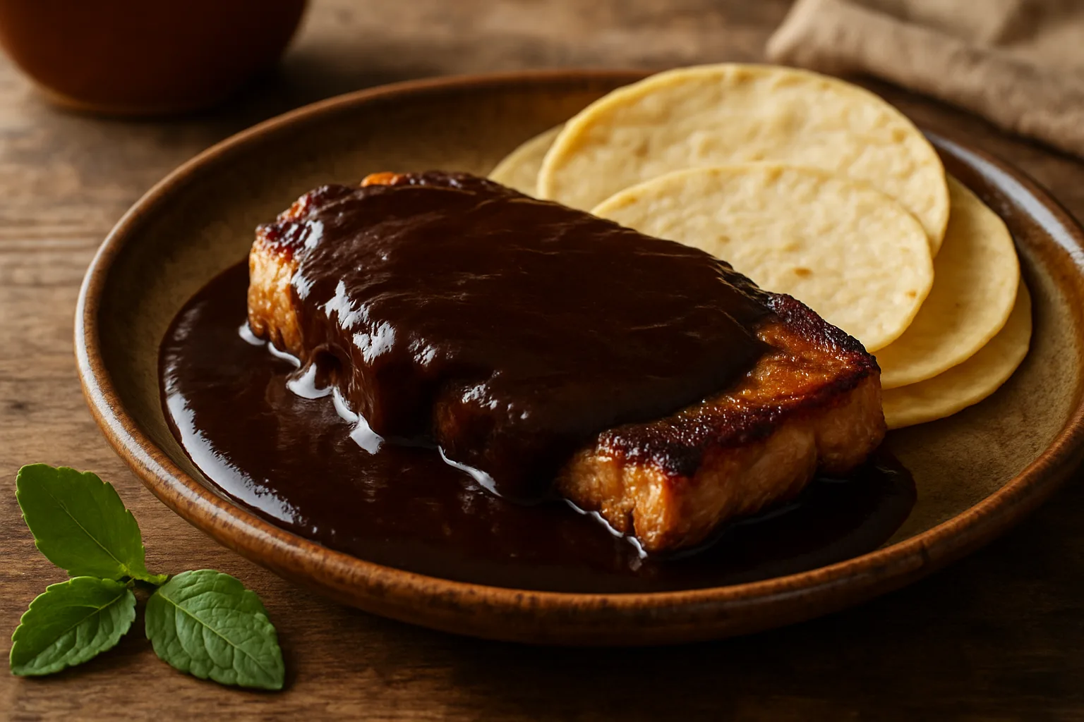 A dark Oaxacan mole over crispy pork with warm tortillas